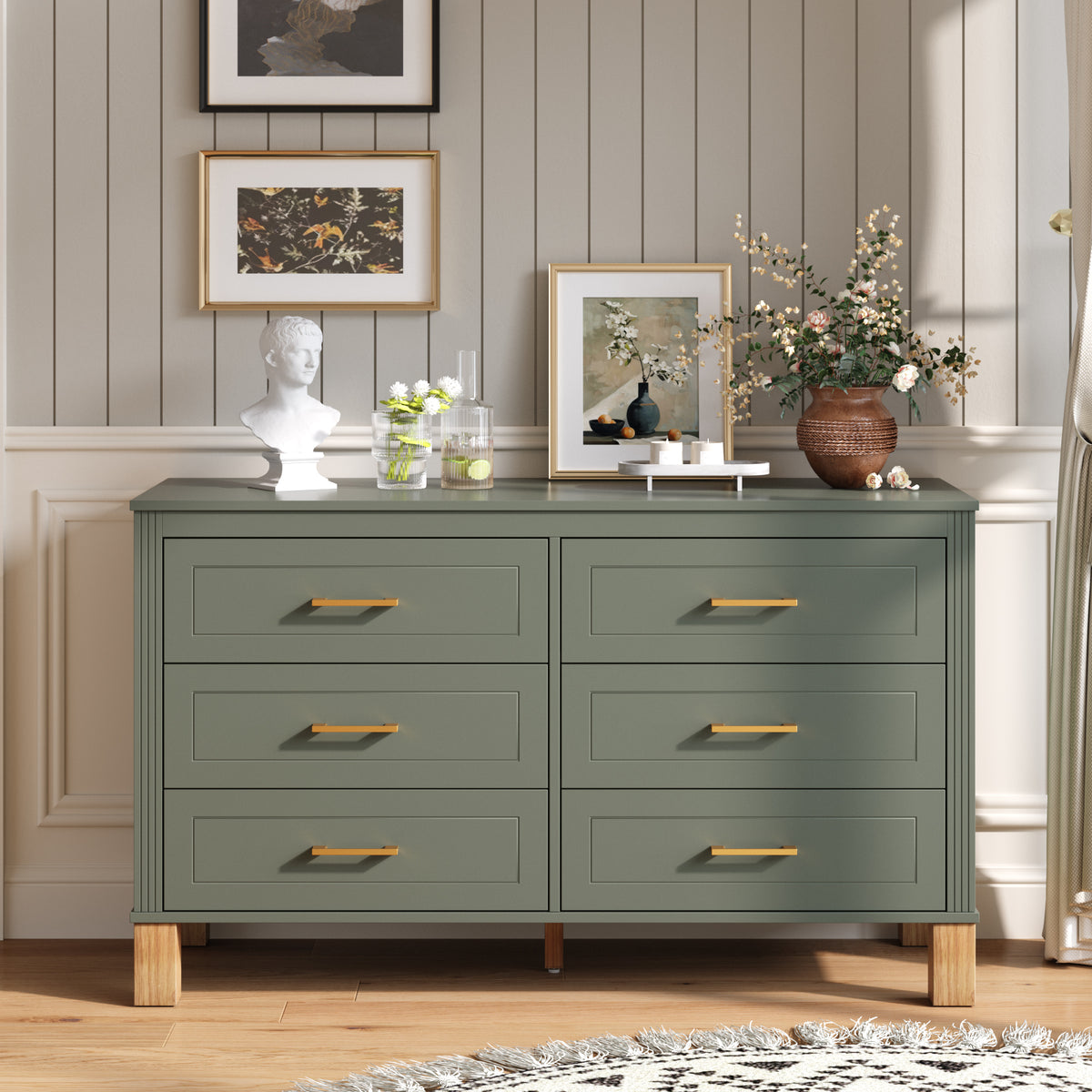 NOVAHOME Modern 6-Drawer Double Dresser with Solid Wood Legs