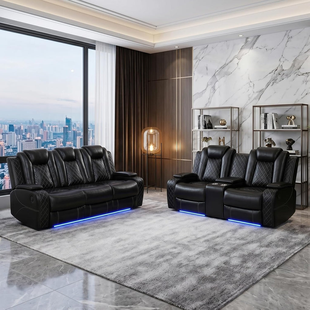 NOVAHOME 2-Piece Leather Power Recliner Sofa Set with LED Lights - product view 04