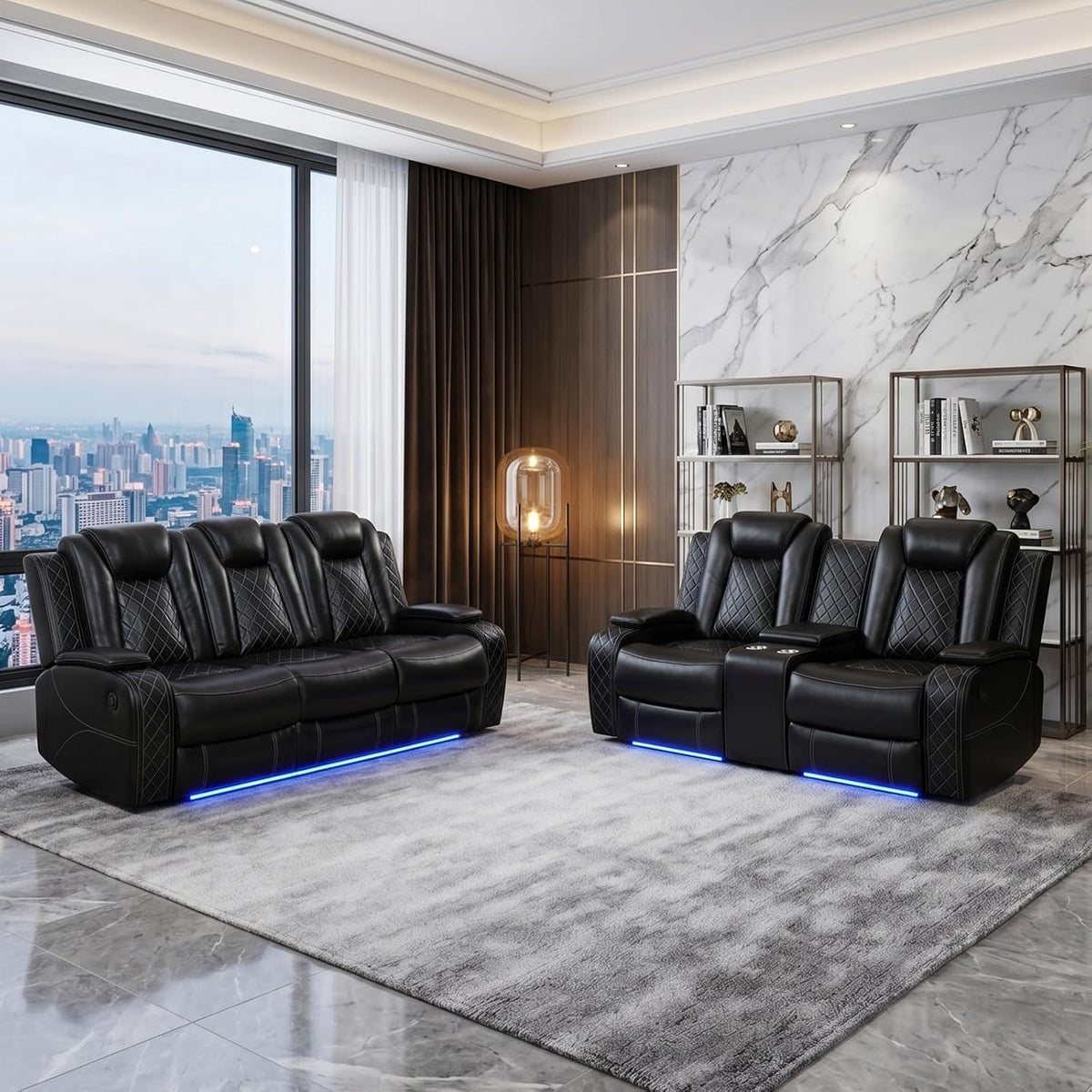 NOVAHOME 2-Piece Leather Power Recliner Sofa Set with LED Lights - product view 04