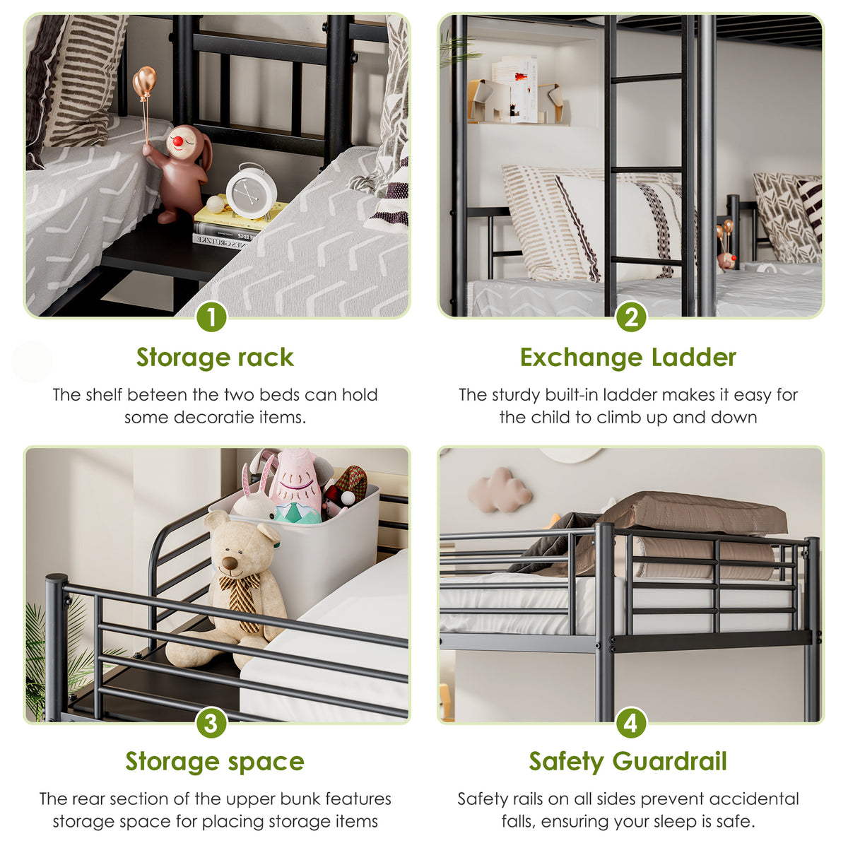 NOVAHOME Metal Triple Bunk Bed with Loft and Two Twin Beds
