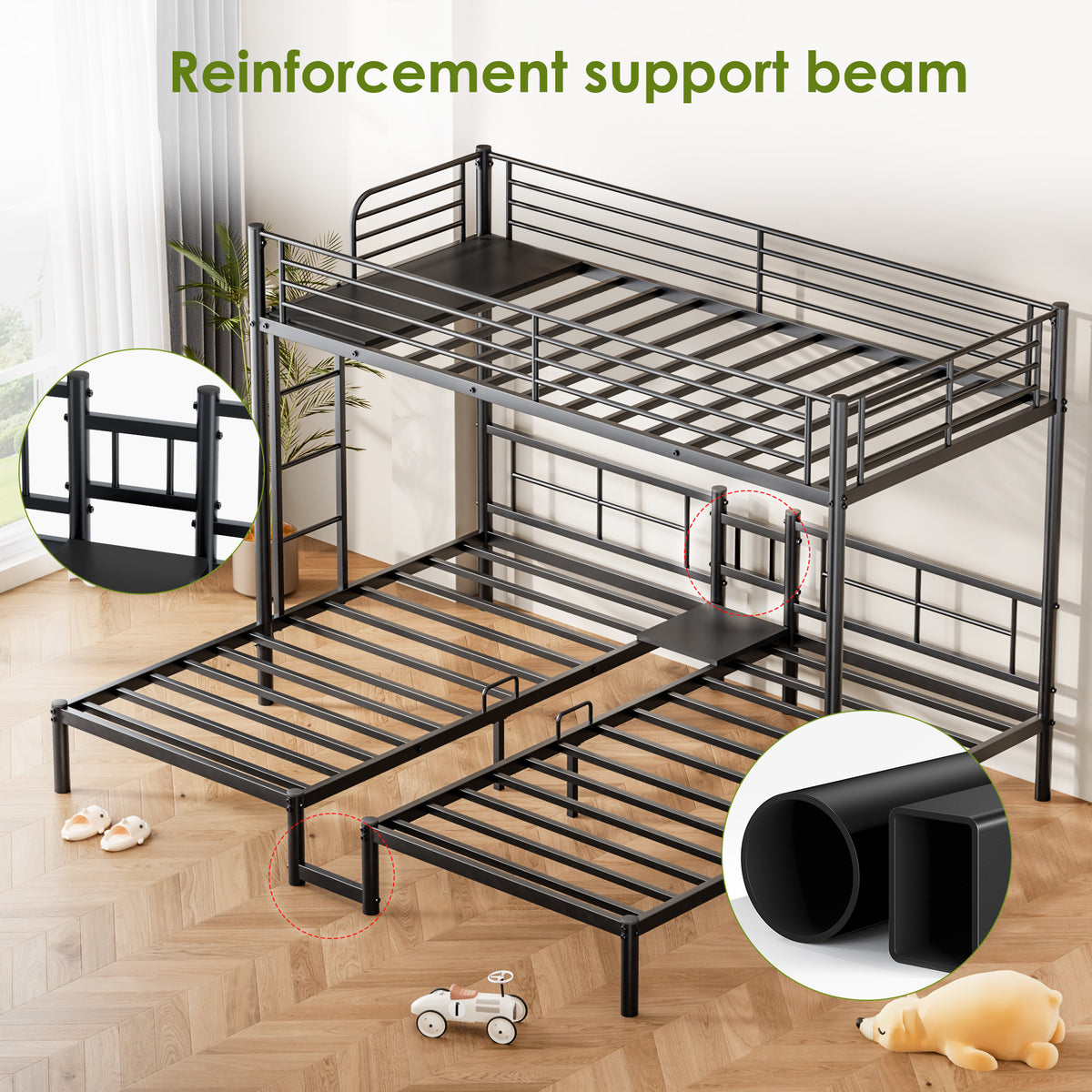 NOVAHOME Metal Triple Bunk Bed with Loft and Two Twin Beds