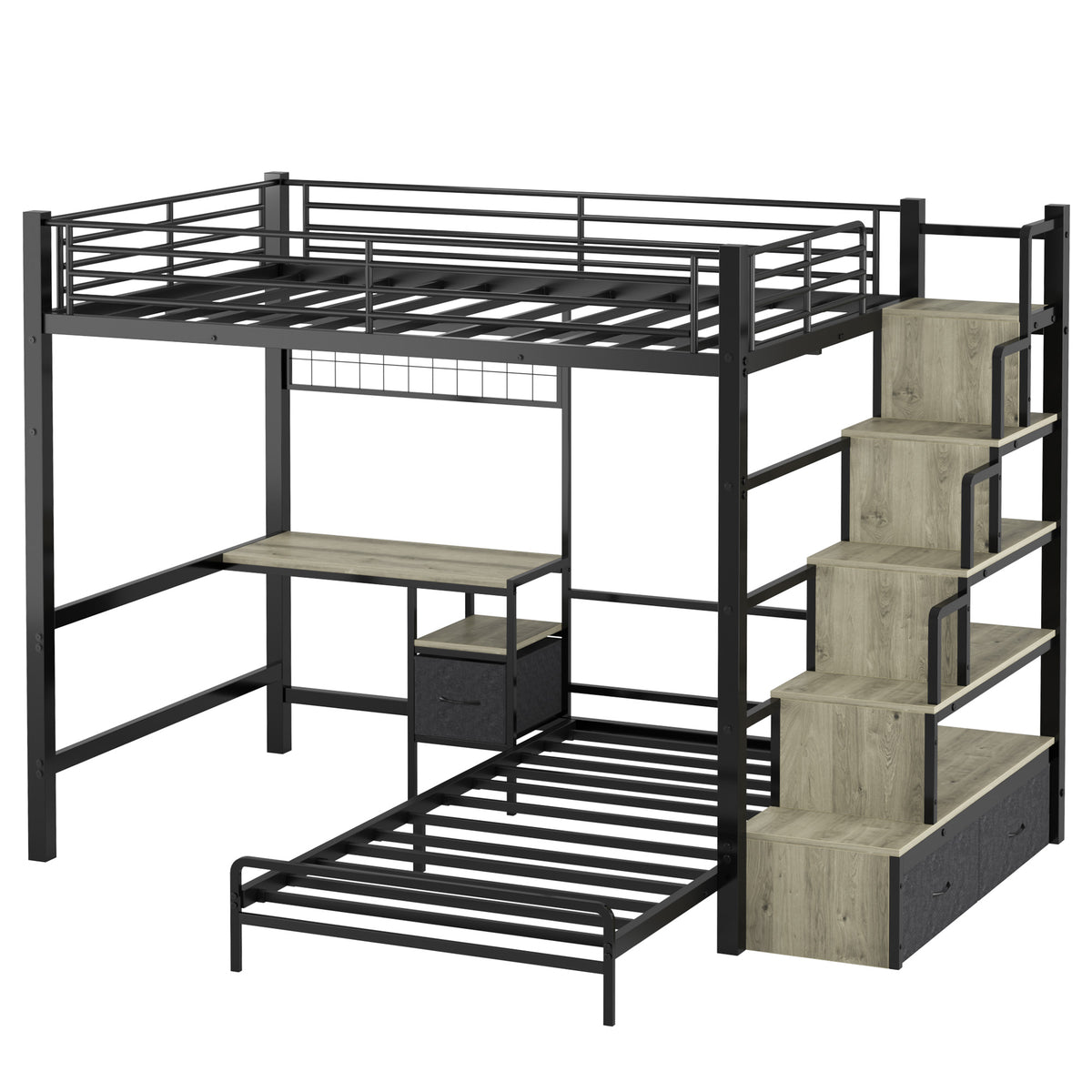 NOVAHOME Metal Loft Bed with Built-in Desk and Storage Stairs, L-Shaped Bunk Bed Frame with Lower Bed
