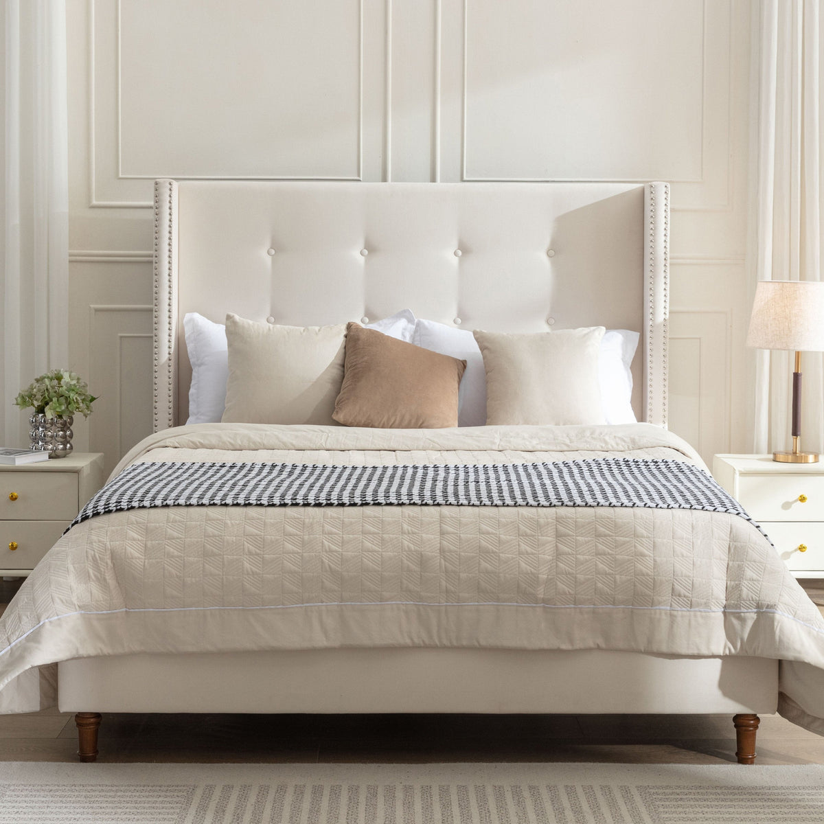 Ivory NOVAHOME Peyton queen velvet wingback platform bed - B083P152026