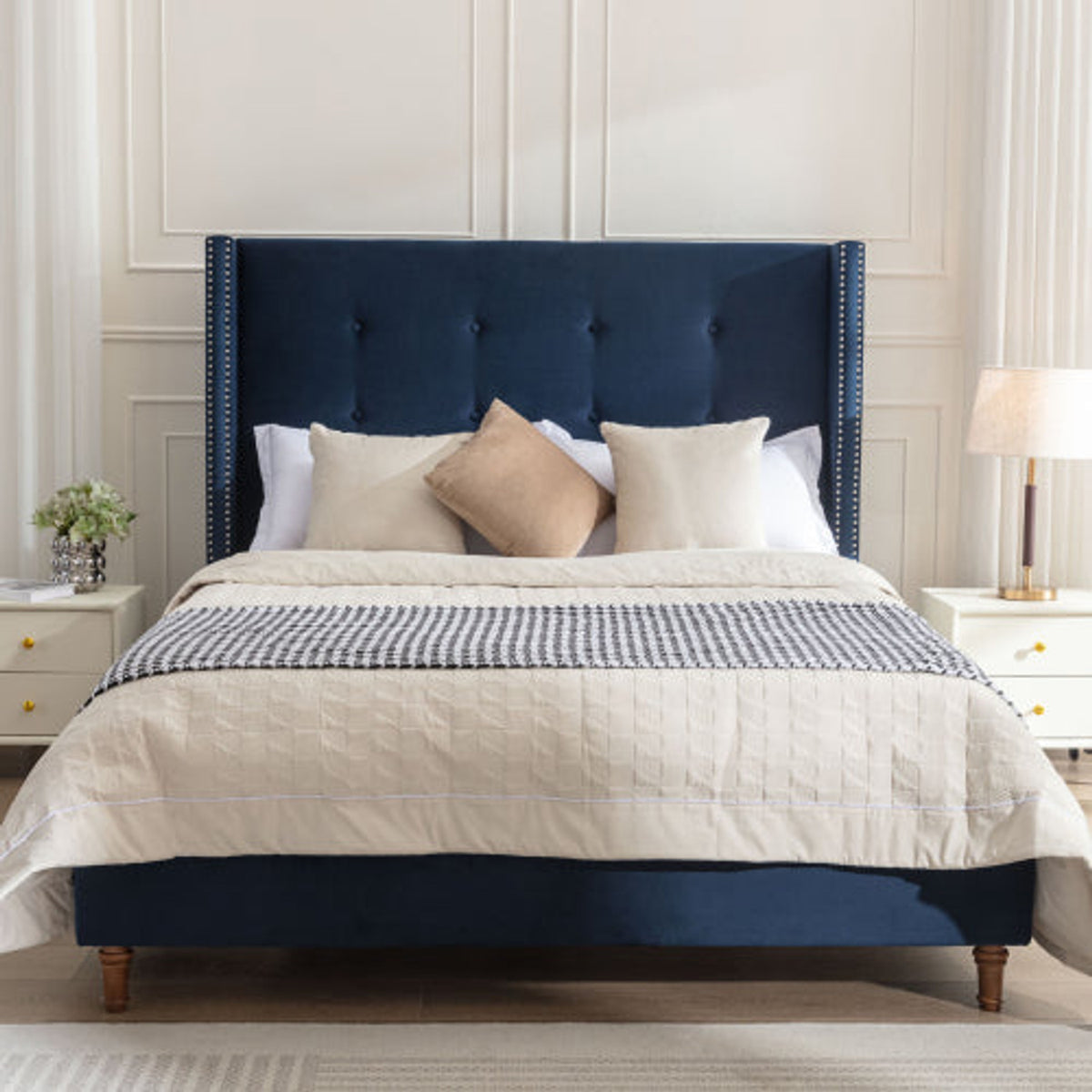 Blue NOVAHOME Peyton queen velvet wingback platform bed - B083P152028