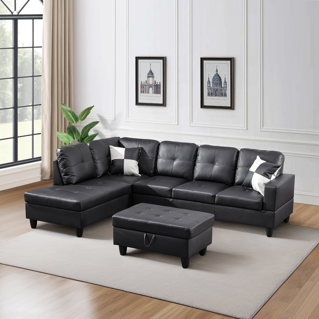 NOVAHOME 3-Piece Faux Leather L-Shape Sectional Sofa Set with Storage Ottoman