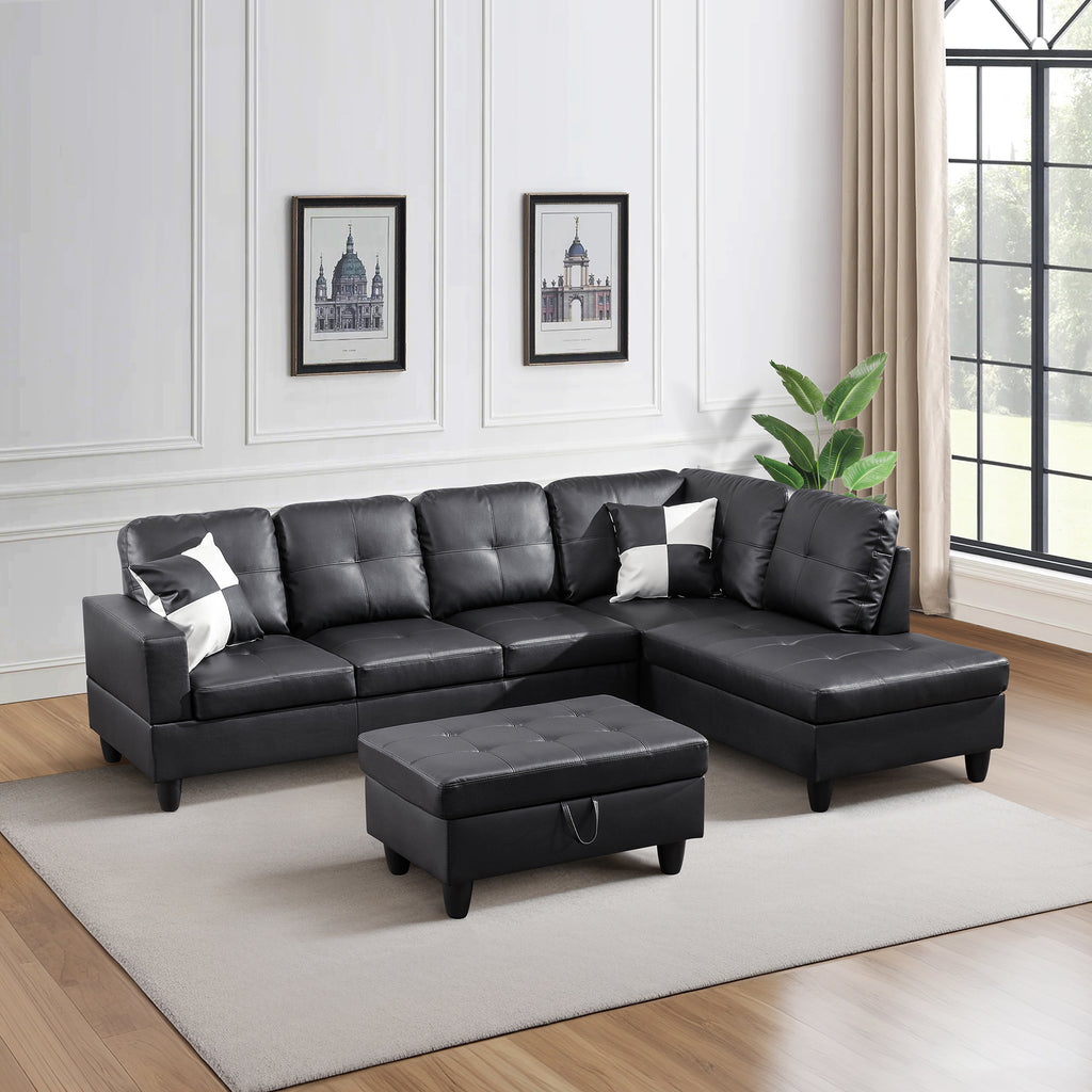 NOVAHOME 3-Piece Faux Leather L-Shape Sectional Sofa Set with Storage Ottoman