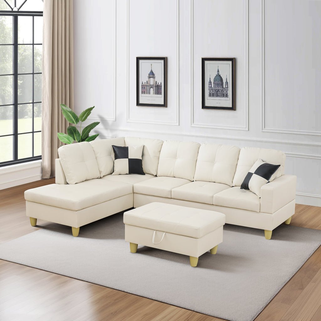 NOVAHOME 3-Piece Faux Leather L-Shape Sectional Sofa Set with Storage Ottoman