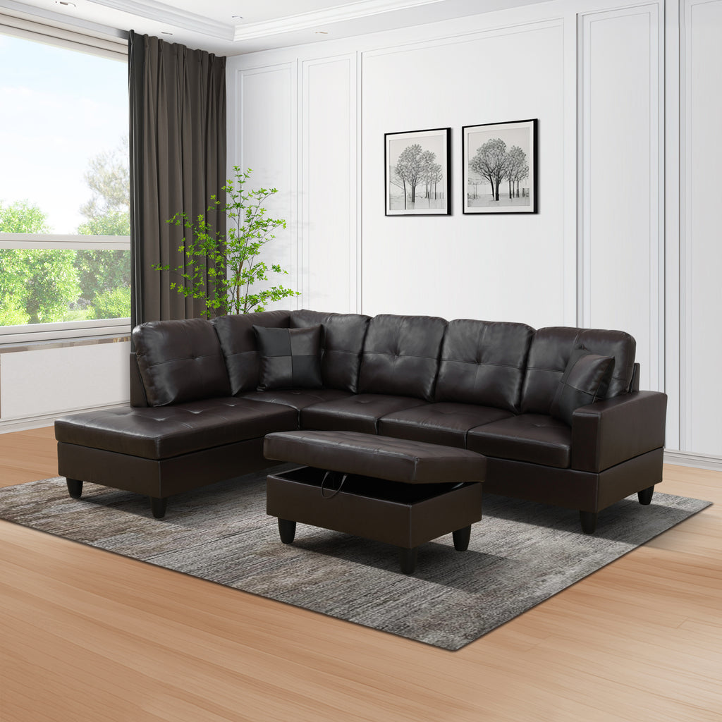 NOVAHOME 3-Piece Faux Leather L-Shape Sectional Sofa Set with Storage Ottoman