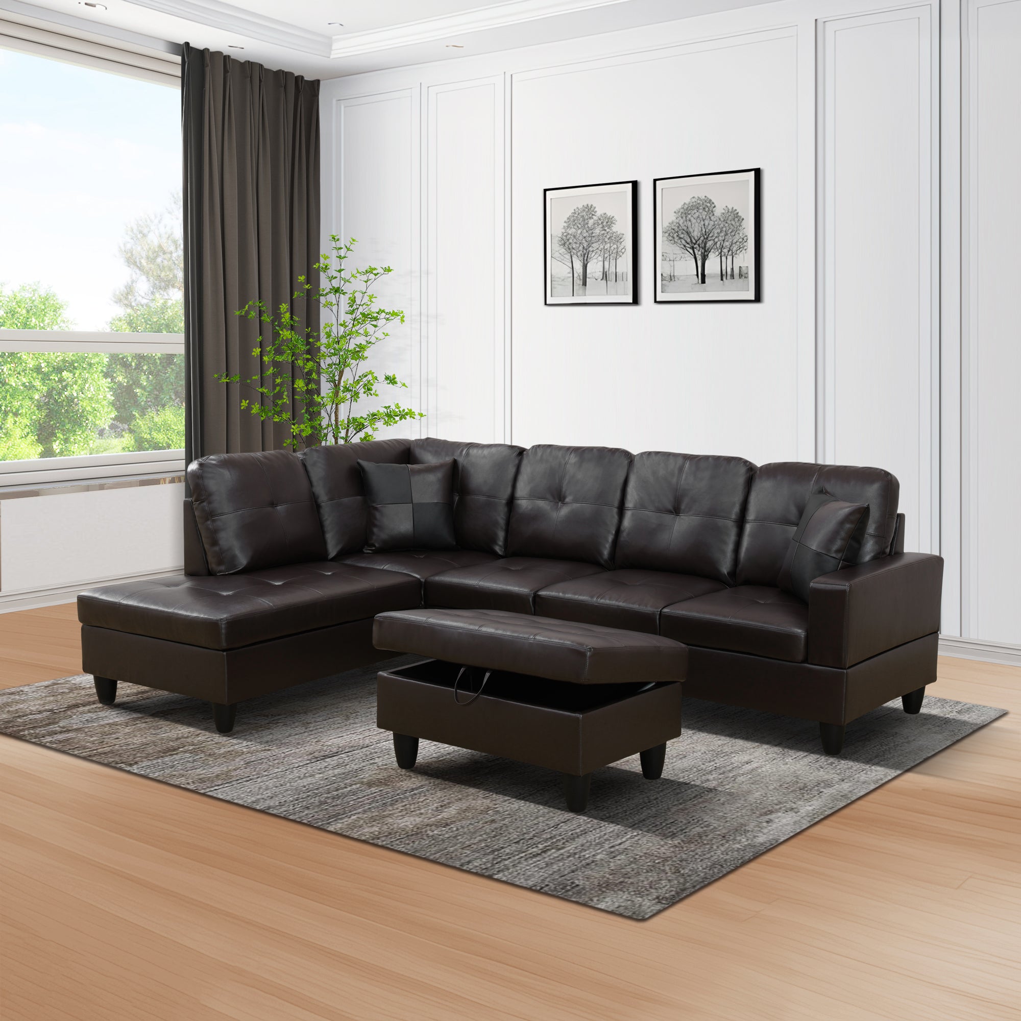 NOVAHOME 3-Piece Faux Leather L-Shape Sectional Sofa Set with Storage Ottoman