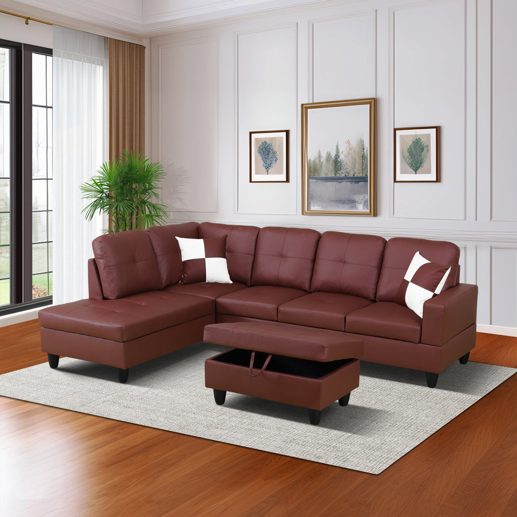 NOVAHOME 3-Piece Faux Leather L-Shape Sectional Sofa Set with Storage Ottoman