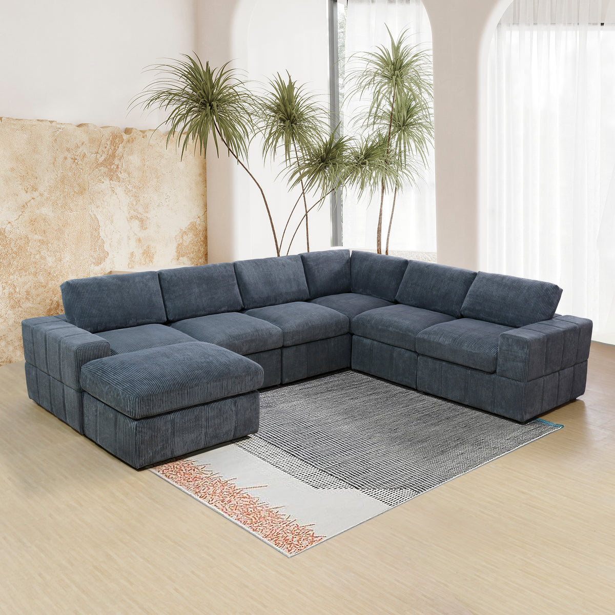 NOVAHOME Beige Corduroy 7-Piece Modular Sectional Sofa Set with Ottoman
