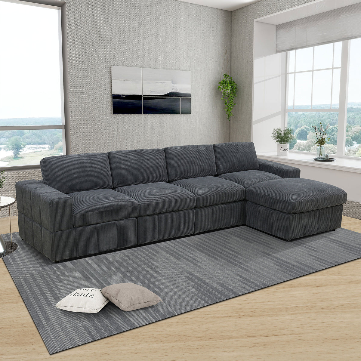 NOVAHOME Beige Corduroy 7-Piece Modular Sectional Sofa Set with Ottoman