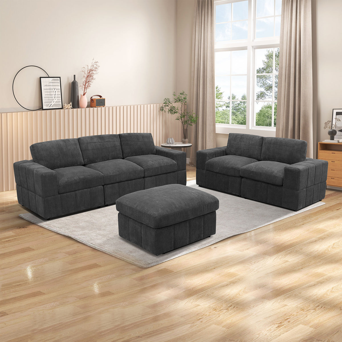 NOVAHOME Beige Corduroy 7-Piece Modular Sectional Sofa Set with Ottoman