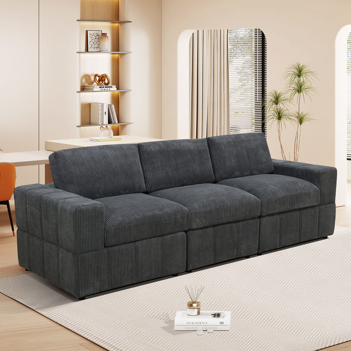 NOVAHOME Beige Corduroy 7-Piece Modular Sectional Sofa Set with Ottoman
