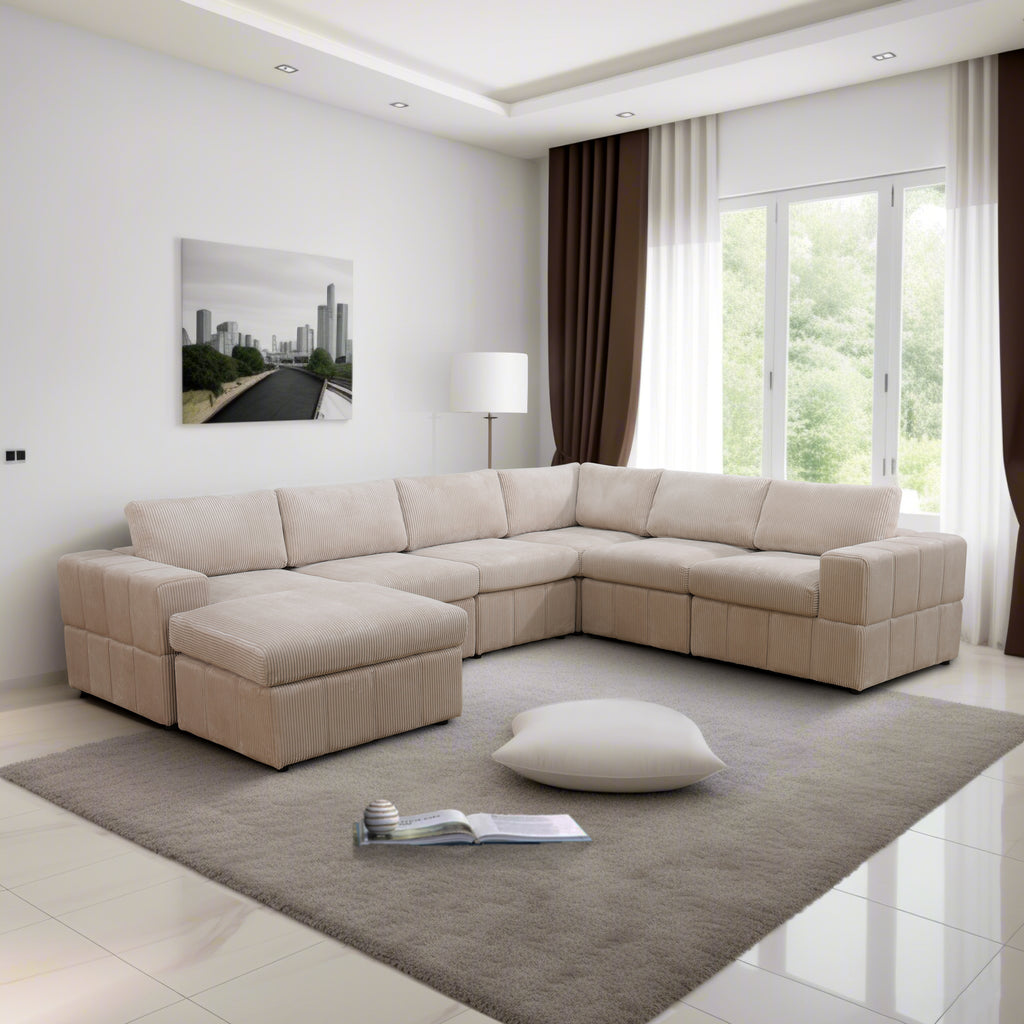 NOVAHOME Beige Corduroy 7-Piece Modular Sectional Sofa Set with Ottoman