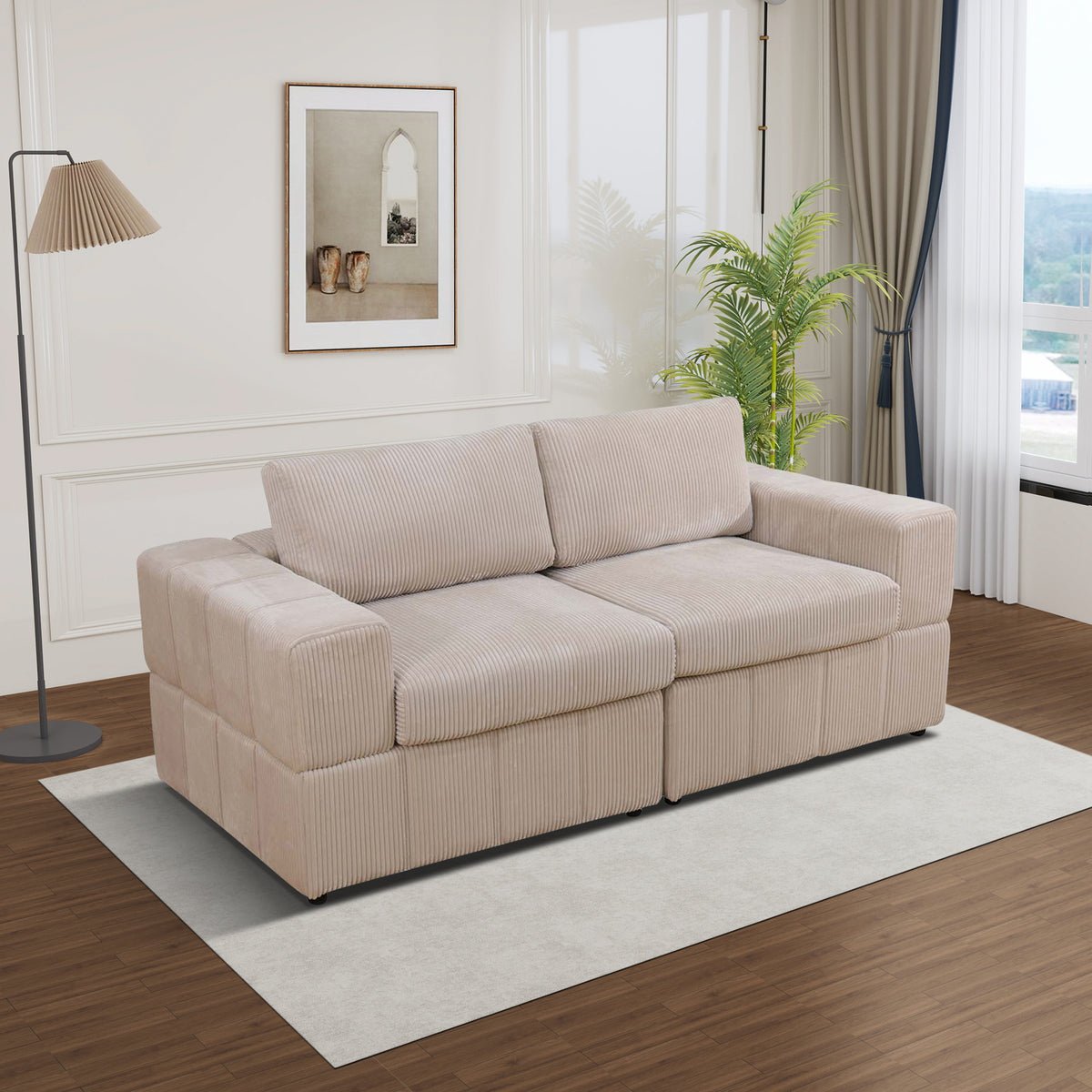 NOVAHOME Beige Corduroy 7-Piece Modular Sectional Sofa Set with Ottoman