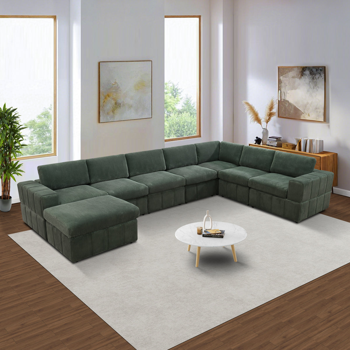 NOVAHOME Beige Corduroy 7-Piece Modular Sectional Sofa Set with Ottoman