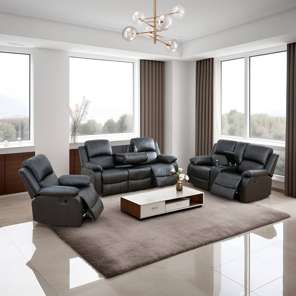 NOVAHOME Manual Reclining PU/PVC Sofa Collection with Consoles