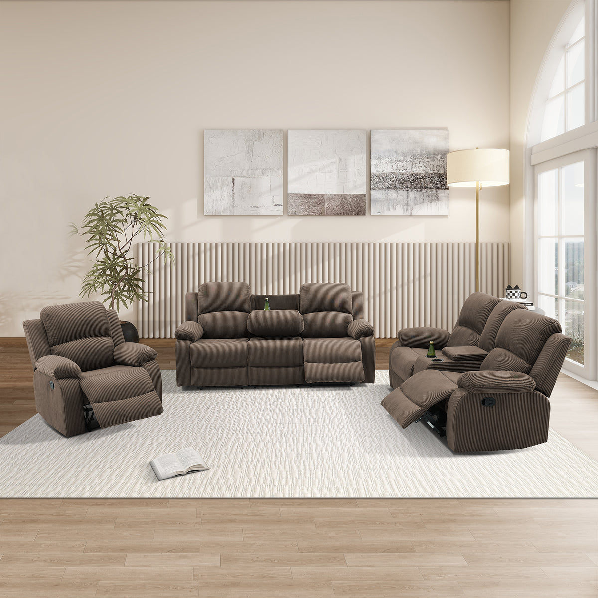 NOVAHOME Smart Reclining Premium Corduroy Sofa Set (3-Piece)
