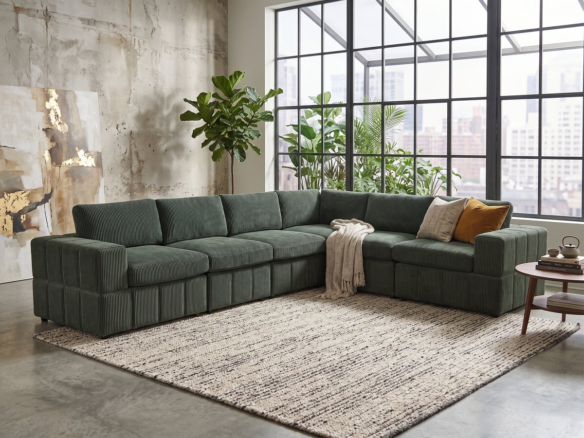 NOVAHOME Beige Corduroy 7-Piece Modular Sectional Sofa Set with Ottoman