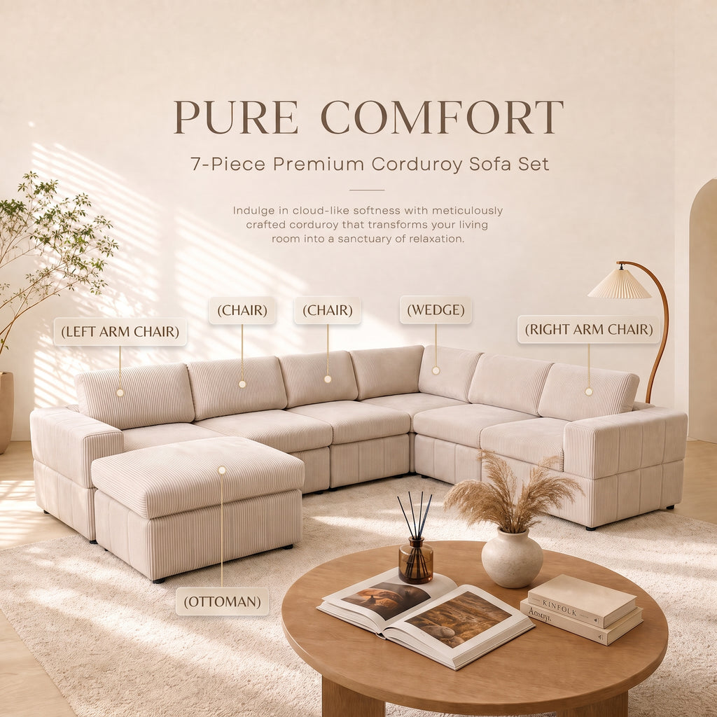 NOVAHOME Beige Corduroy 7-Piece Modular Sectional Sofa Set with Ottoman