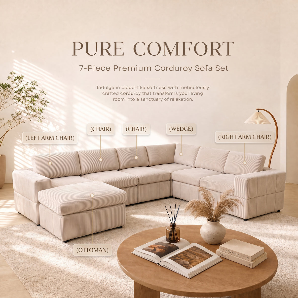 NOVAHOME Beige Corduroy 7-Piece Modular Sectional Sofa Set with Ottoman
