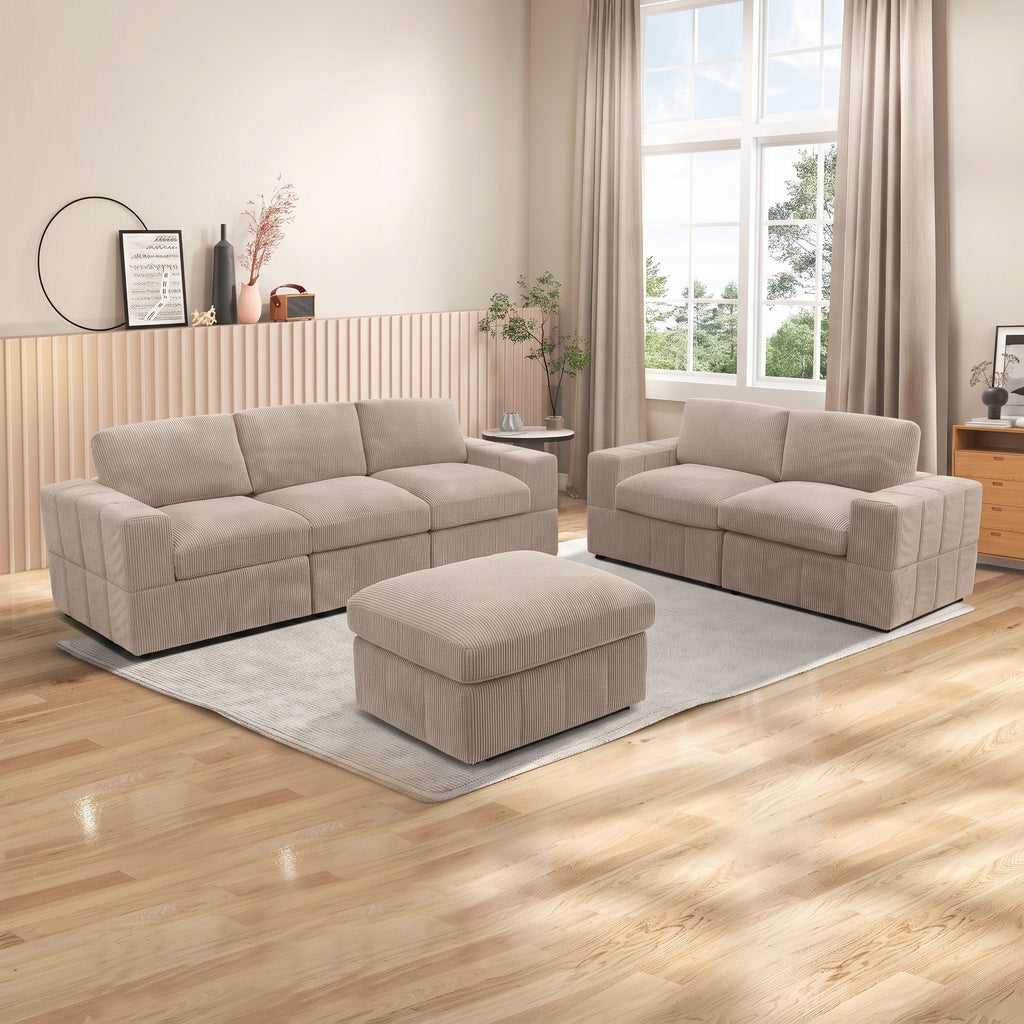 NOVAHOME Beige Corduroy 7-Piece Modular Sectional Sofa Set with Ottoman