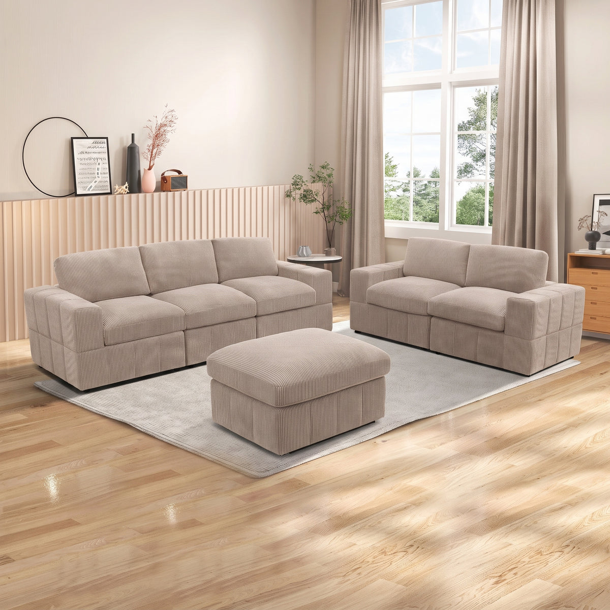 NOVAHOME Beige Corduroy 7-Piece Modular Sectional Sofa Set with Ottoman