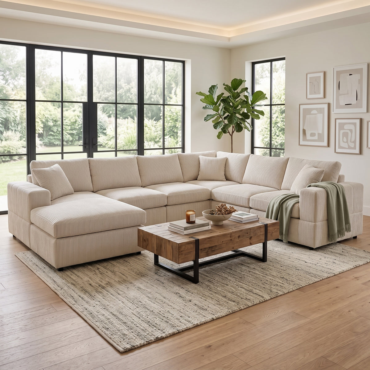 NOVAHOME Beige Corduroy 7-Piece Modular Sectional Sofa Set with Ottoman