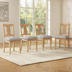 Set of four natural rubberwood dining chairs with beige upholstered seats