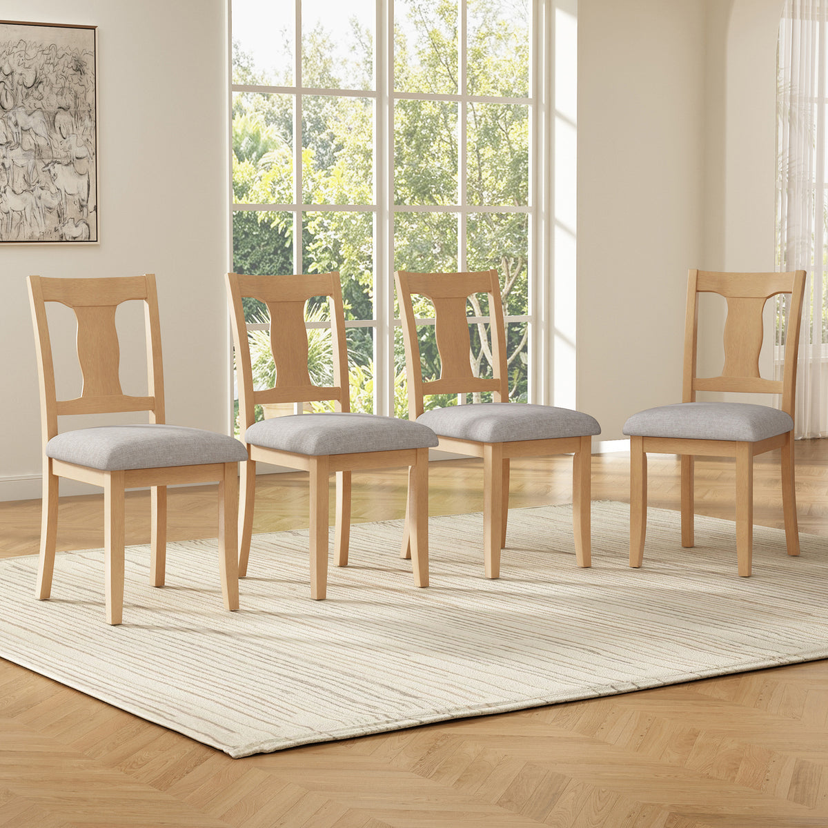Set of four natural rubberwood dining chairs with beige upholstered seats