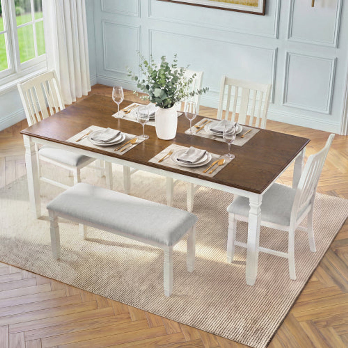 Brown and beige with beige upholstery NOVAHOME 6-piece extendable farmhouse dining set - N752S000058P-2