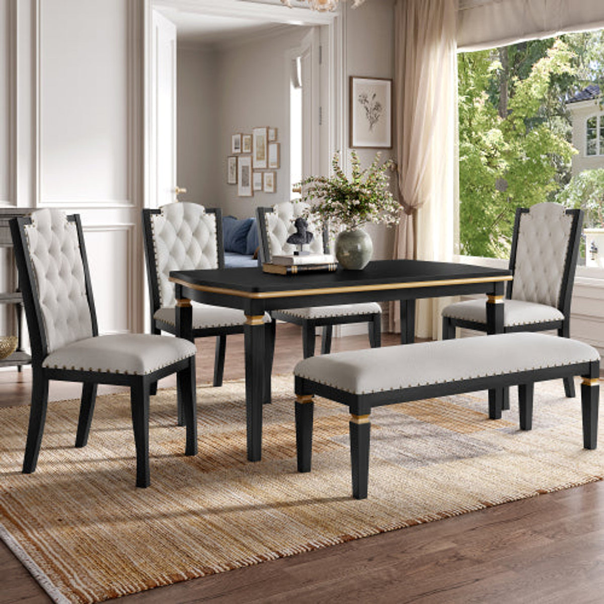 Black NOVAHOME 6-piece dining table set with upholstered chairs and bench - N752S001080P-1