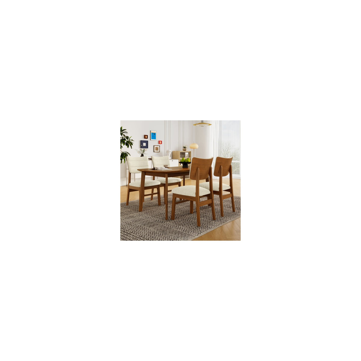 Brown and beige farmhouse dining set with rectangular table and four upholstered chairs - N752S011016A