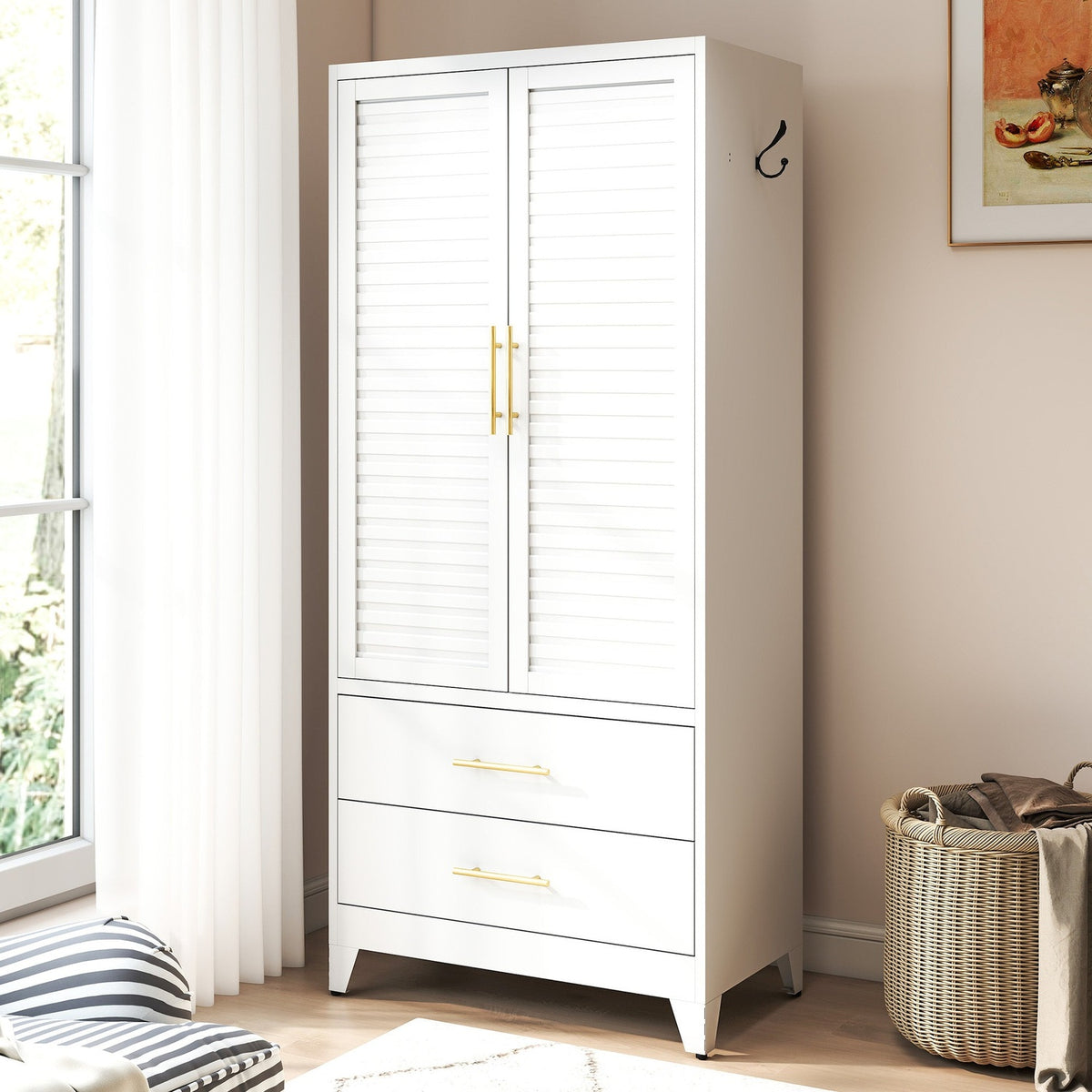 White 71-inch metal wardrobe with two doors and two drawers - T2398P480393