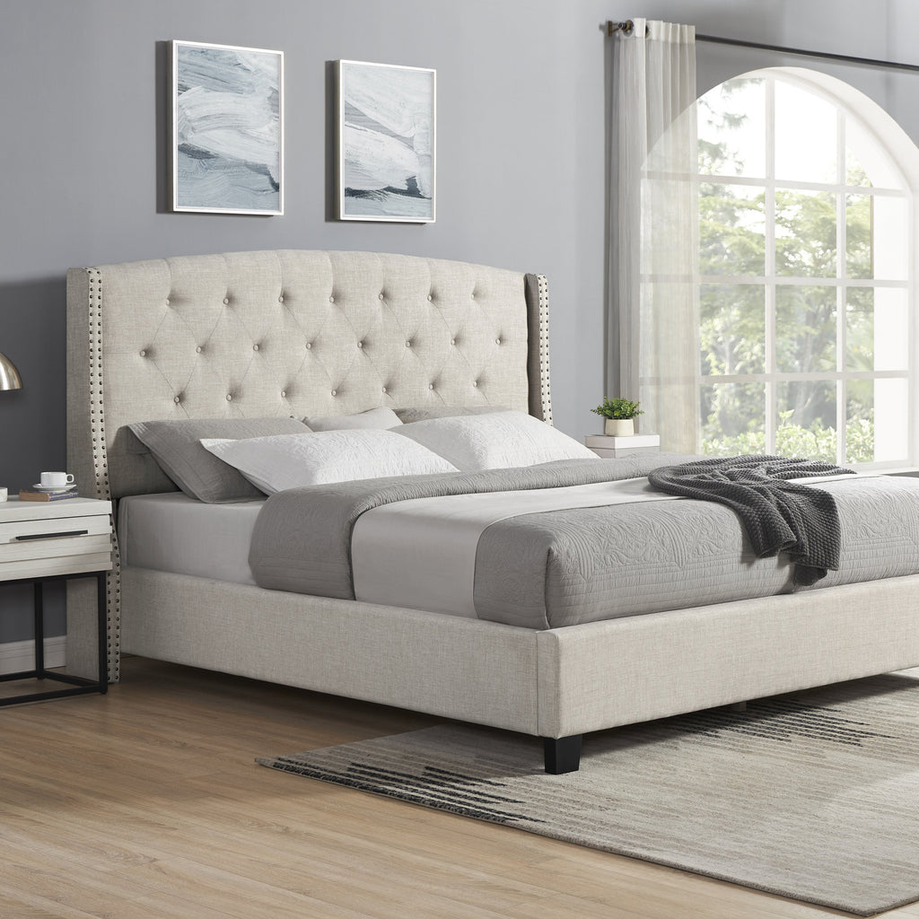 Queen Astral upholstered bed with two nightstands