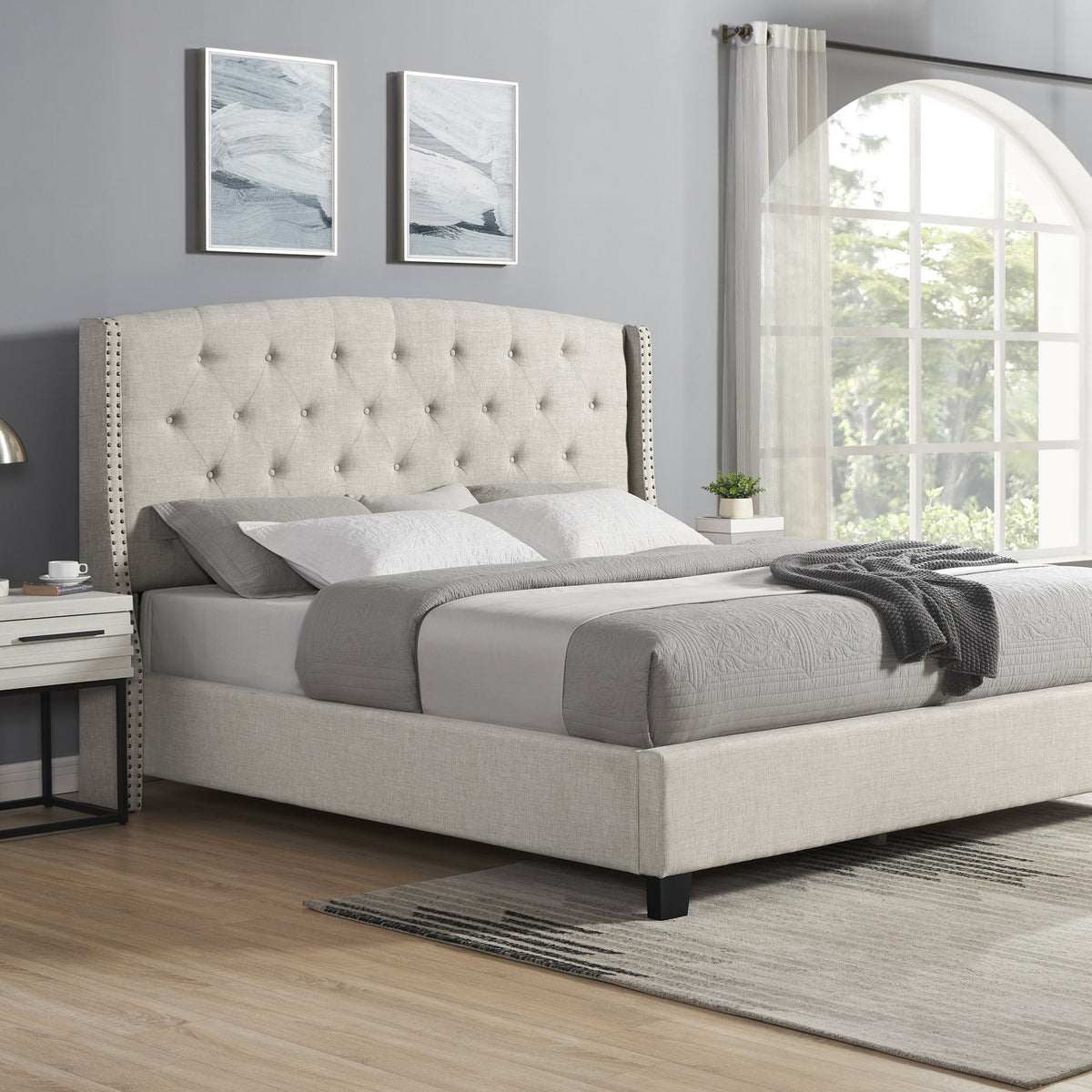 Queen Astral upholstered bed with two nightstands