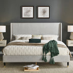 Queen Arles light gray wingback bed with two nightstands