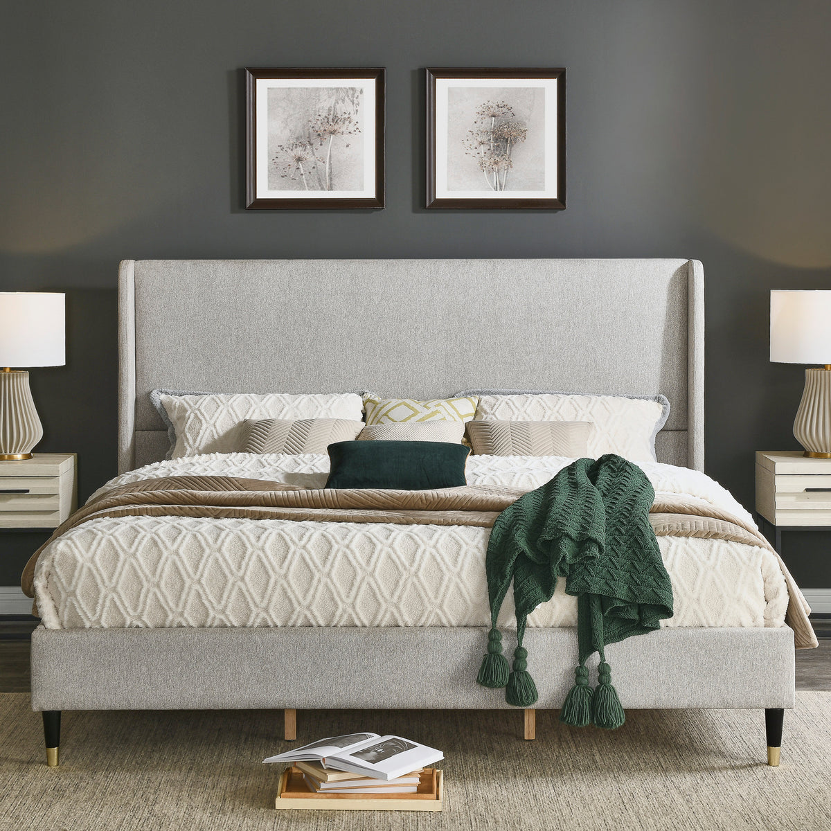 King Arles light gray wingback bed with two nightstands
