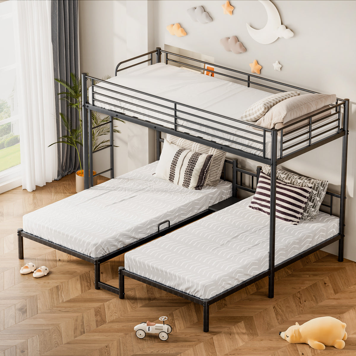 NOVAHOME Metal Triple Bunk Bed with Loft and Two Twin Beds