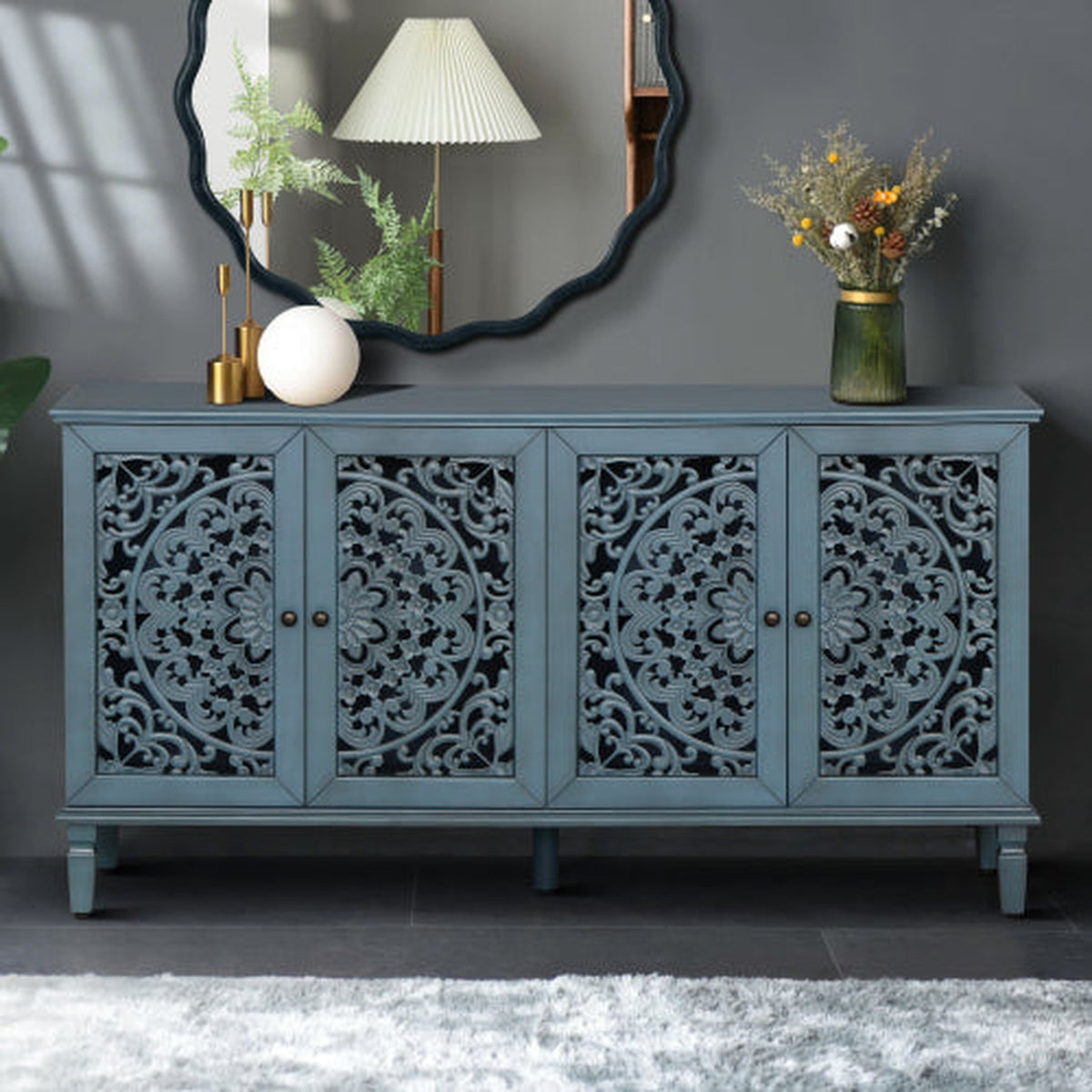 Antique Blue 60-inch NOVAHOME antique floral carved buffet cabinet - W1445P321201