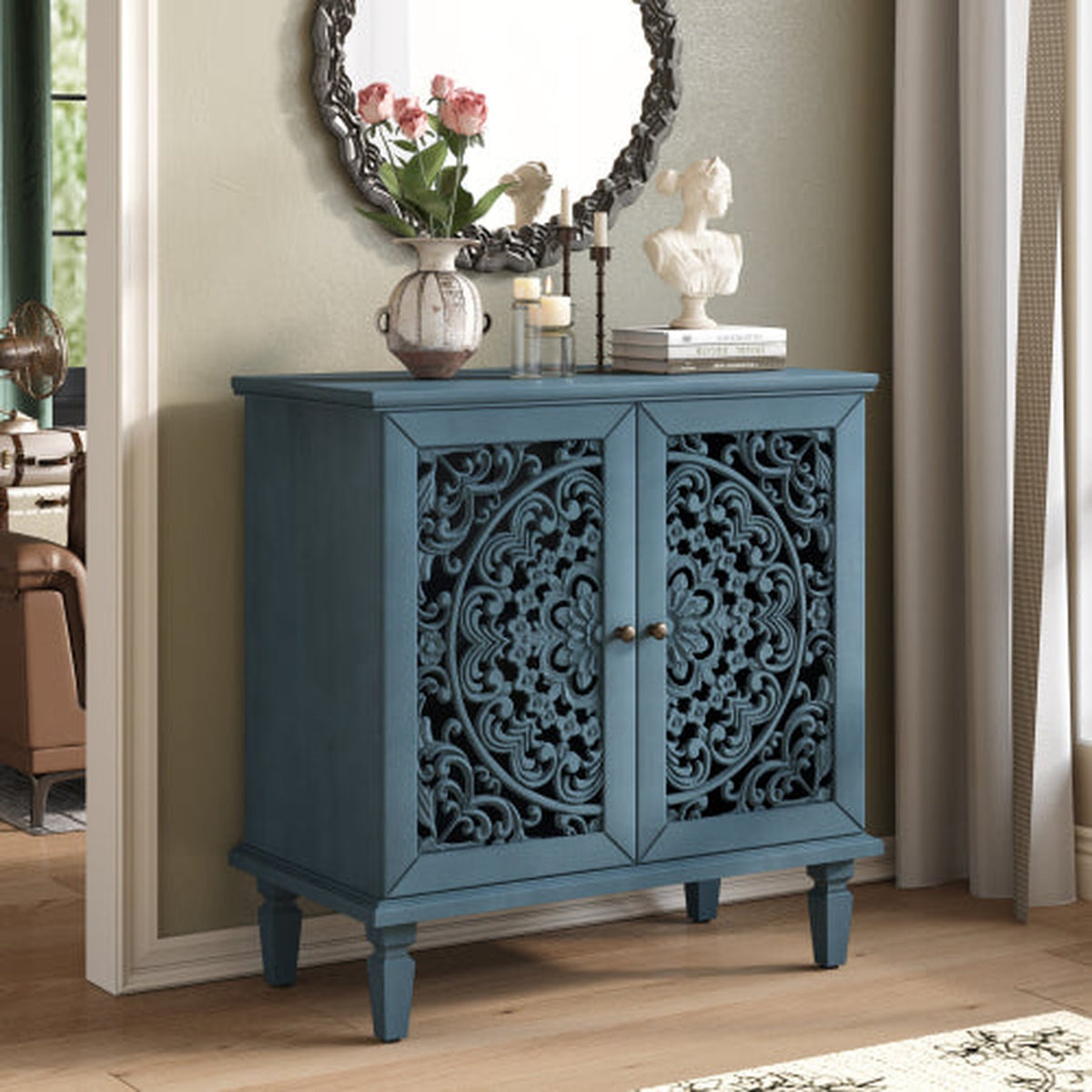 Antique Blue 31.5-inch NOVAHOME antique floral carved buffet cabinet - W1445P321202