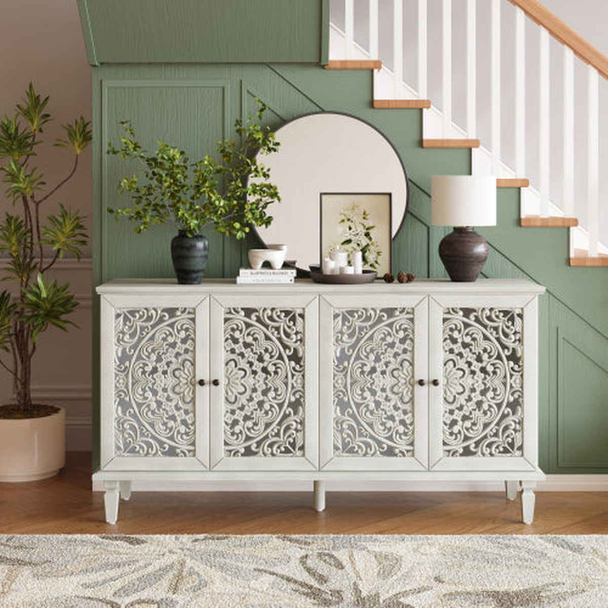 Antique Grey White 60-inch NOVAHOME antique floral carved buffet cabinet - W1445P321203
