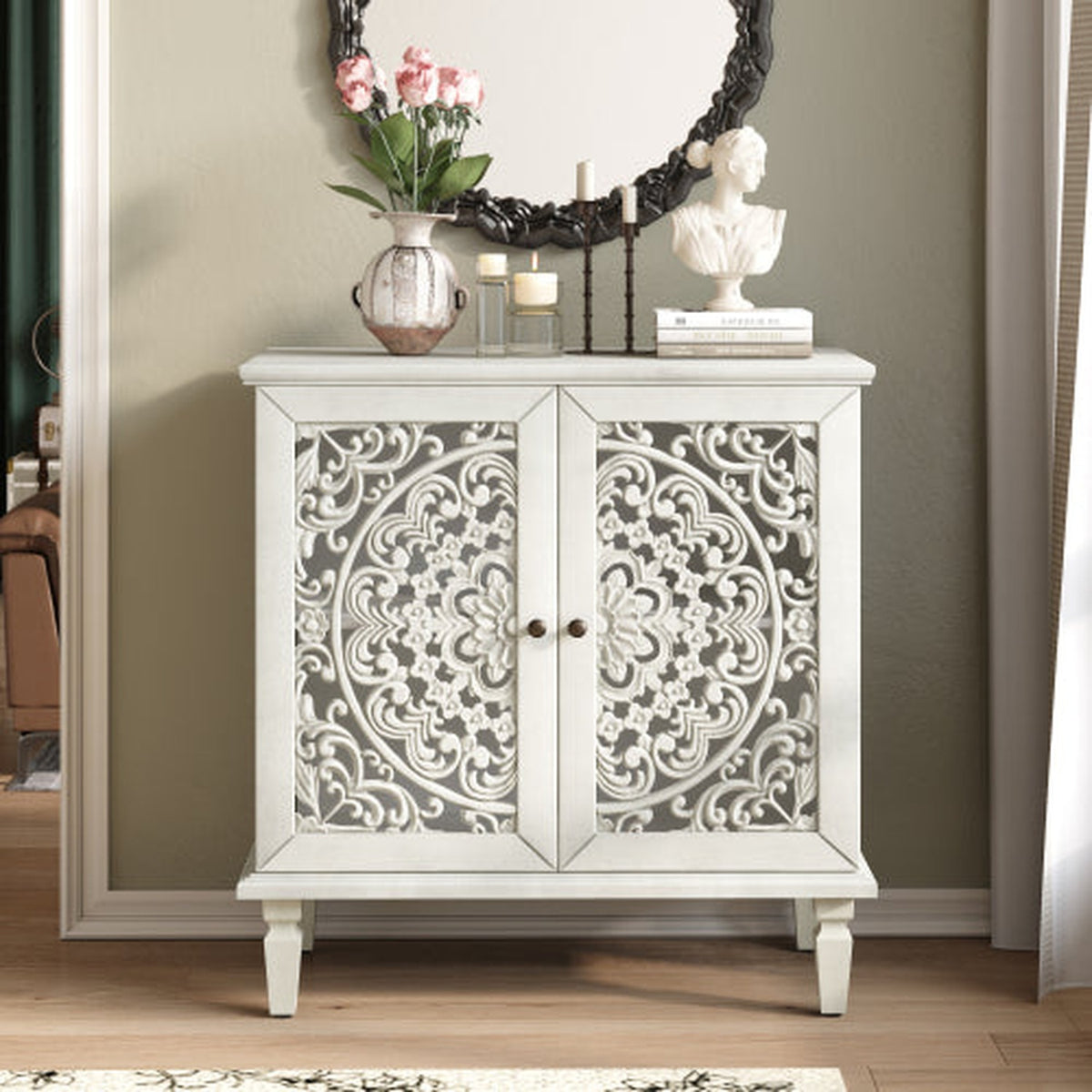 Antique Grey White 31.5-inch NOVAHOME antique floral carved buffet cabinet - W1445P321204