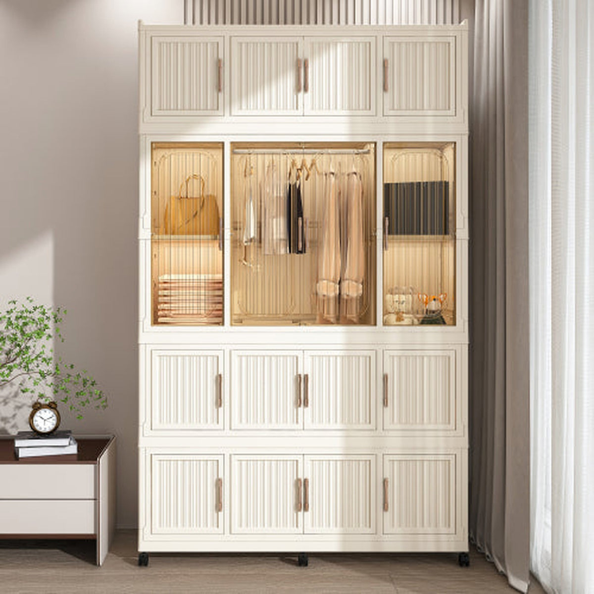 Creamy white 17-cube portable modular wardrobe with one hanging rod - W2699P184785