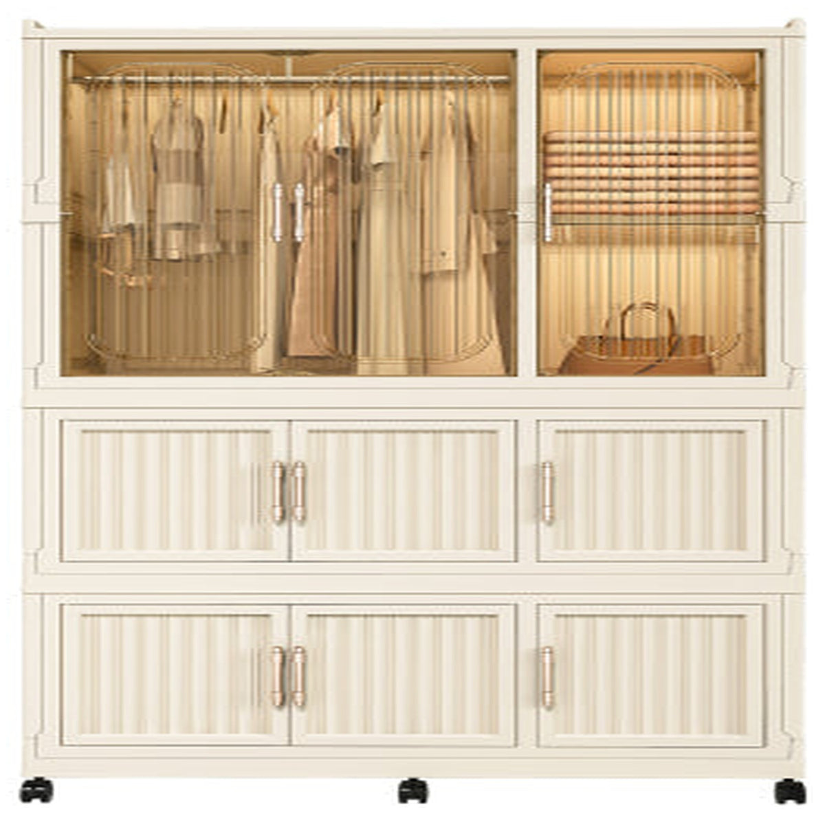 Creamy white 9-cube portable modular wardrobe with one hanging rod - W2699P184786
