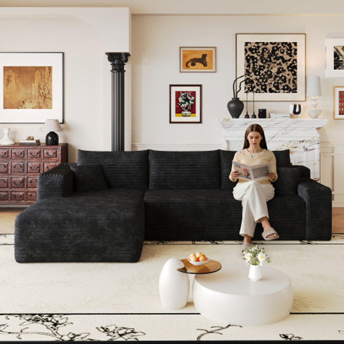 Black Left-facing NOVAHOME 103-inch corduroy cloud sectional - W2824P515741