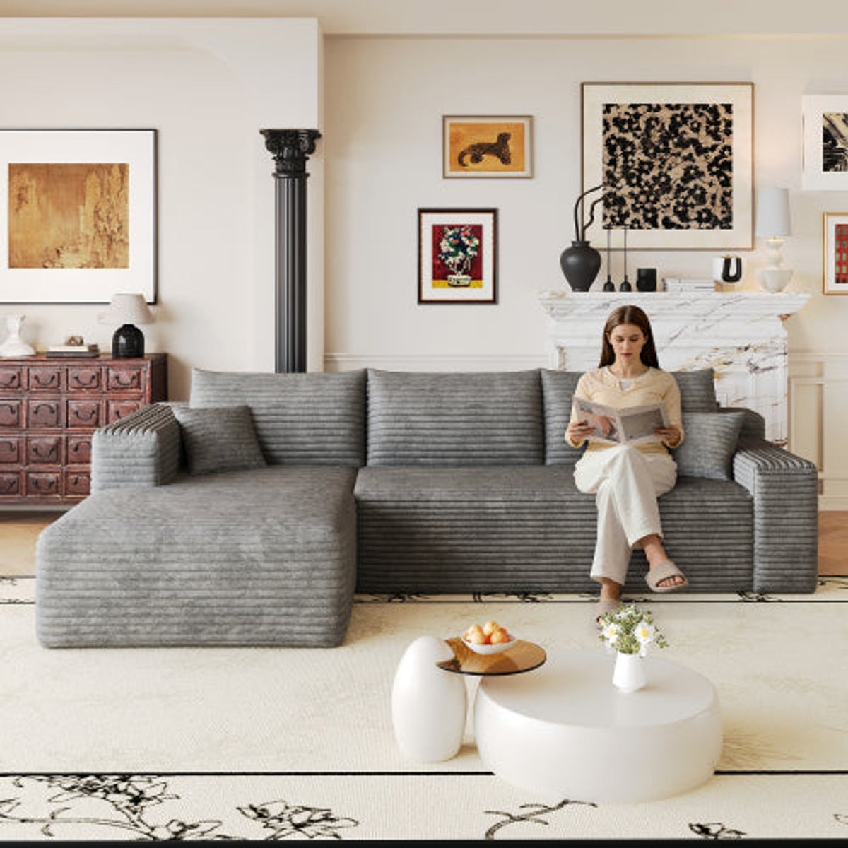 Dark Grey Left-facing NOVAHOME 103-inch corduroy cloud sectional - W2824P515744