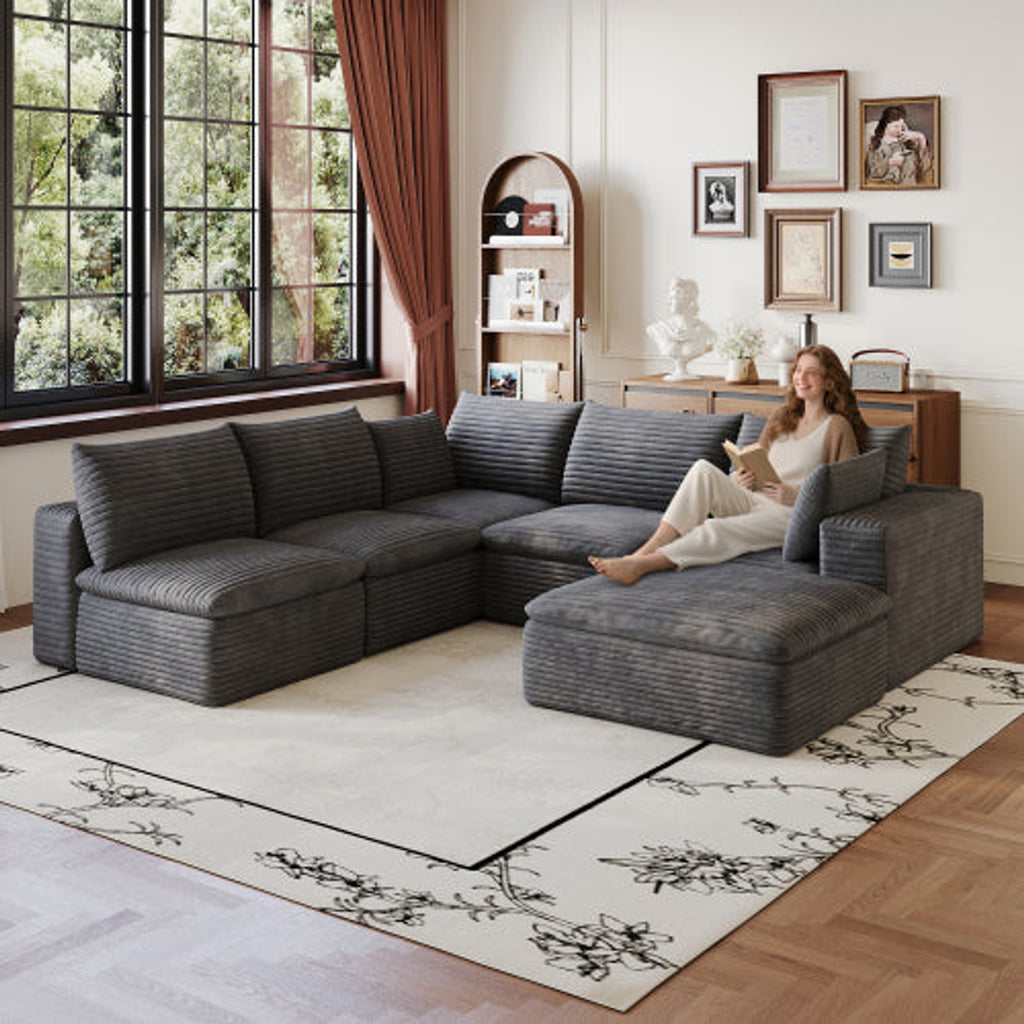 Dark Grey NOVAHOME modular corduroy cloud sectional, 5-seat V-shaped with ottoman - W2824S00231