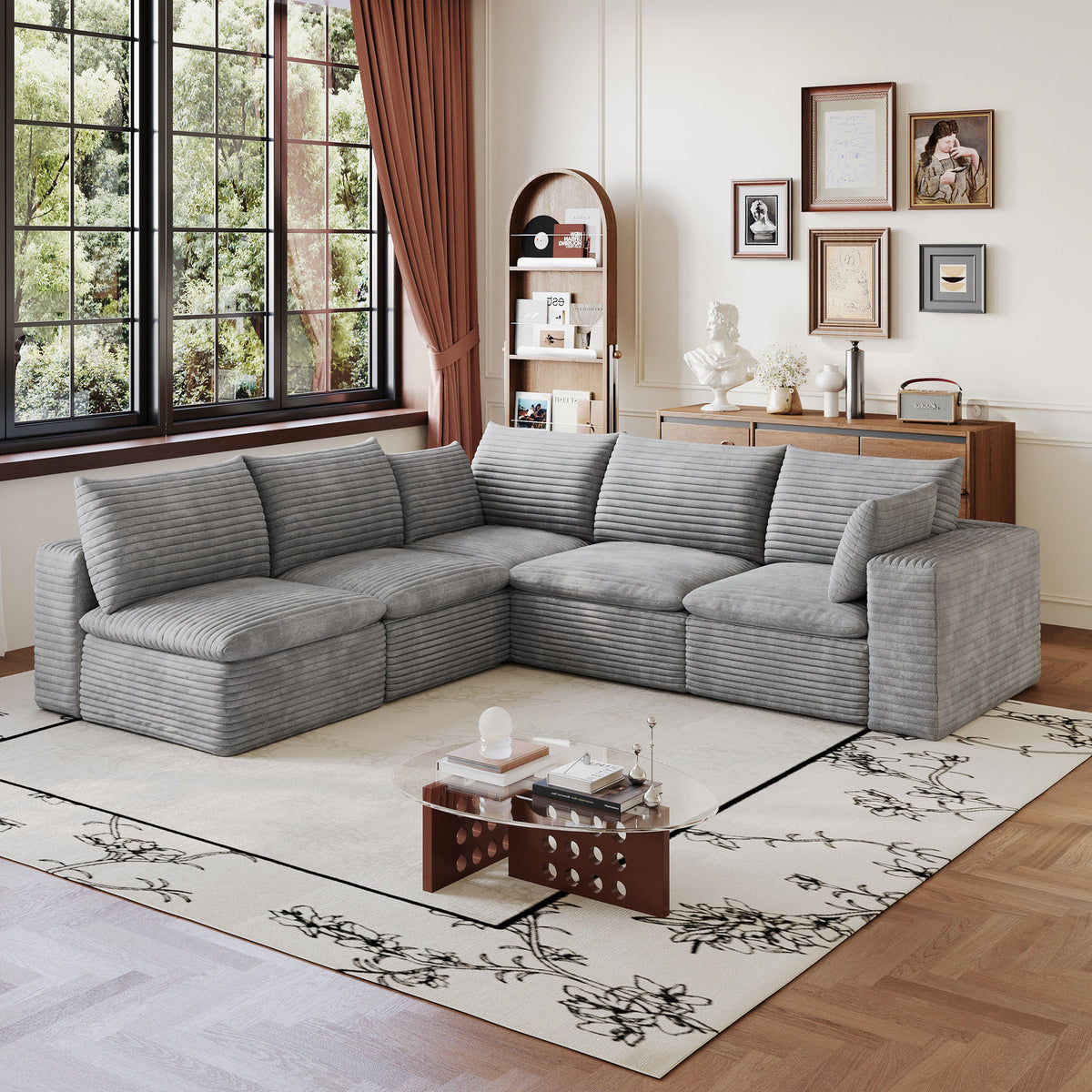 Grey NOVAHOME modular corduroy cloud sectional, 5-seat V-shaped - W2824S00239